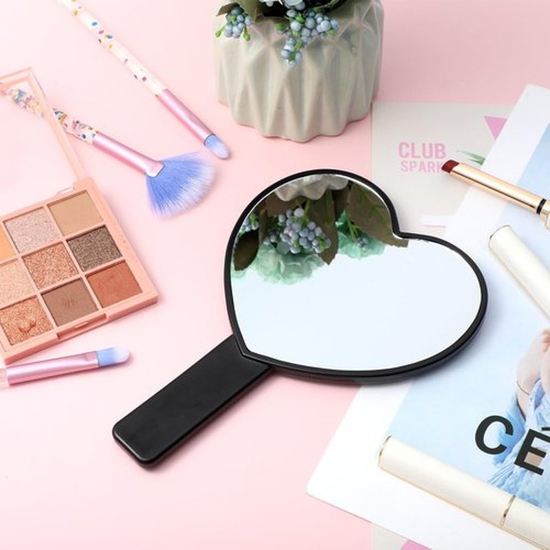 Heart-Shaped Handheld Mirror with Handle, Portable Travel Makeup Hand Mirror Decorative Mini Heart Cosmetic Lash Mirror for Women Girls Valentine's Day (Black)