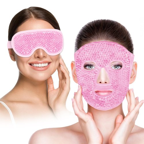 Cooling Eye Mask and Ice Face Mask Set for Reducing Puffiness, Bags Under the Eyes, Sinus, Redness, Pain Relief, Dark Circles, Migraine, and Hot Cold Use Reusable with Super Soft Lining (Pink Set)