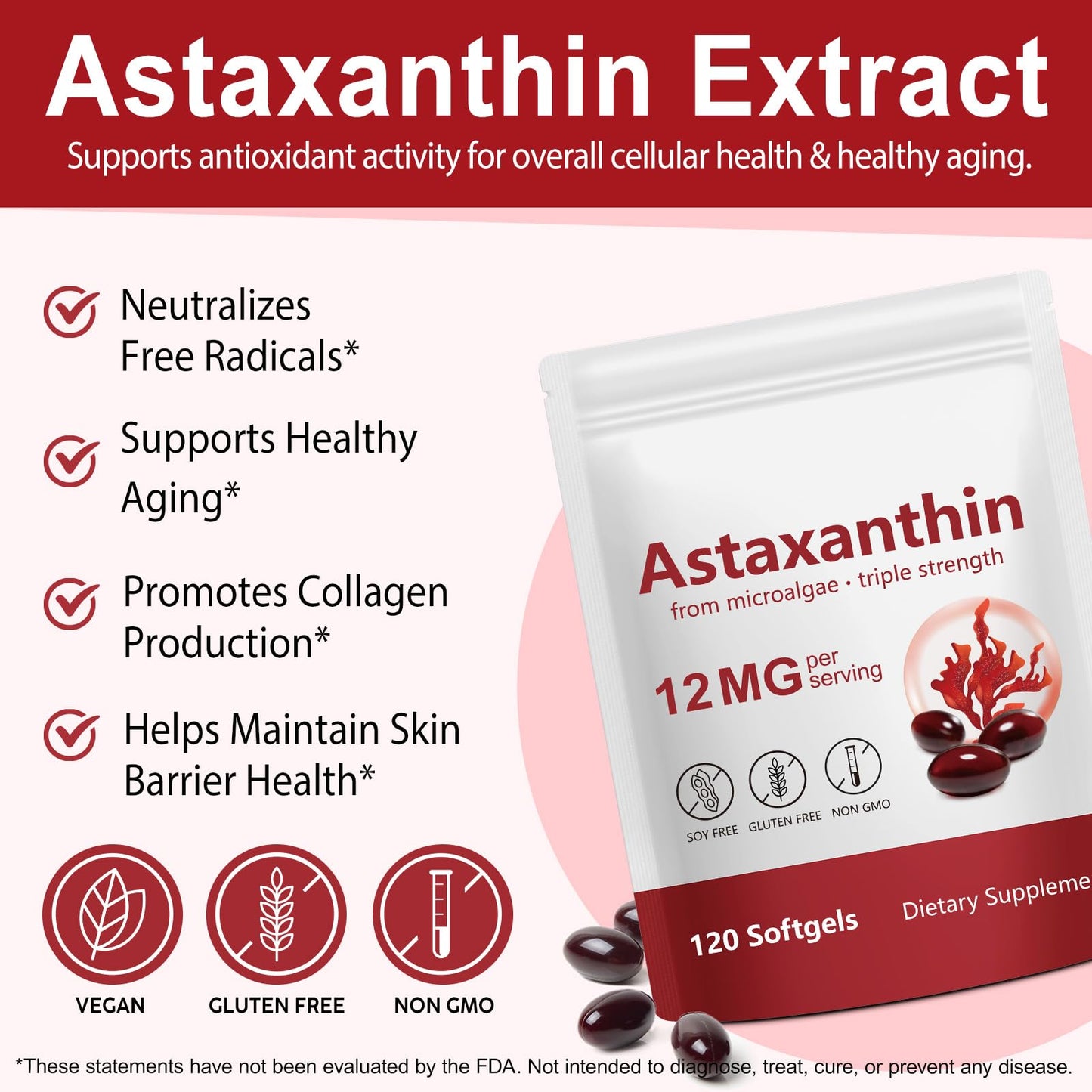 Redshine Astaxanthin 12mg,from Microalgae,Triple Strength,120 Softgels,Supports Eye, Joint, Internal Circulation, Skin Health & Natural Tanning