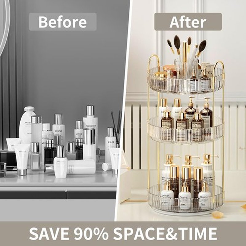 360° Rotating Makeup Organizer, Large-Capacity Skincare Make Up Storage 3 Tier Perfume Organizers Cosmetic Dresser Organizer with Makeup Brush Holder, Fits Bedroom, Bathroom, Vanity Shelf Countertop