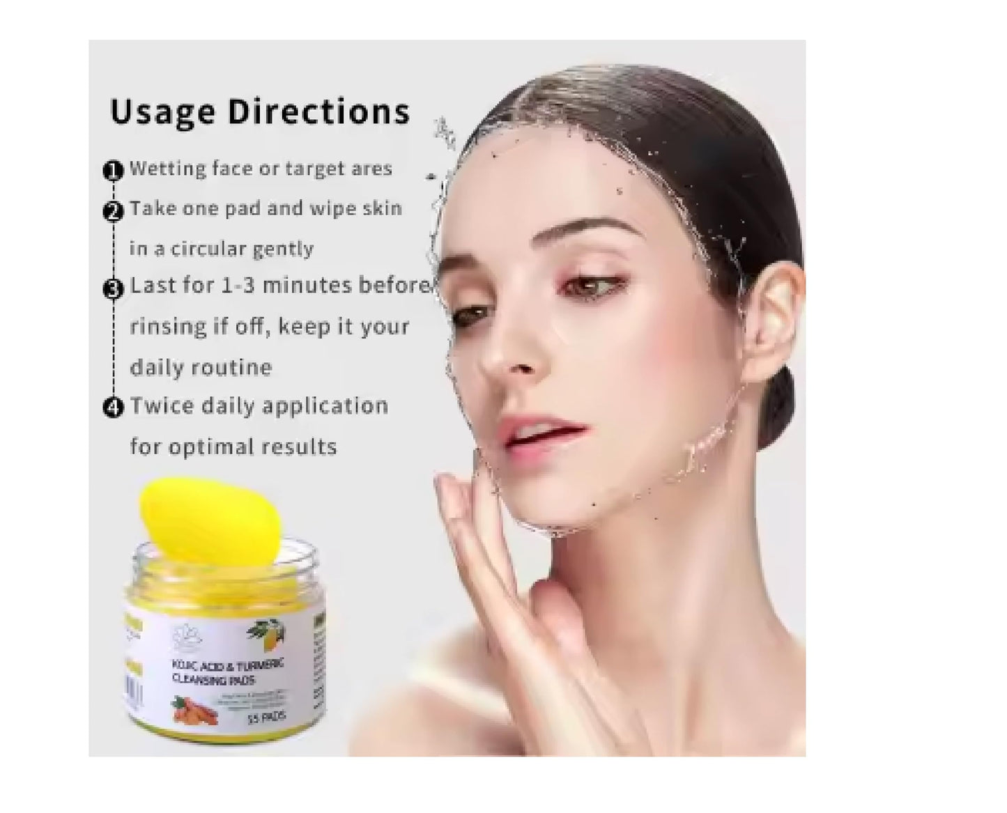 Main Products Kojic Acid and Turmeric Cleansing Pads, 55 Pcs, for Face Cleaning, Hydrating and Exfoliation.