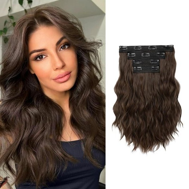 KUIRAN Hair Extensions, Clip in Hair Extensions 14" Short Curly Wavy Black Hair Extensions 4PCS Hair Extensions Invisible Lace Weft Natural Soft Hairpieces for Women - Dark Cool Beige Brown