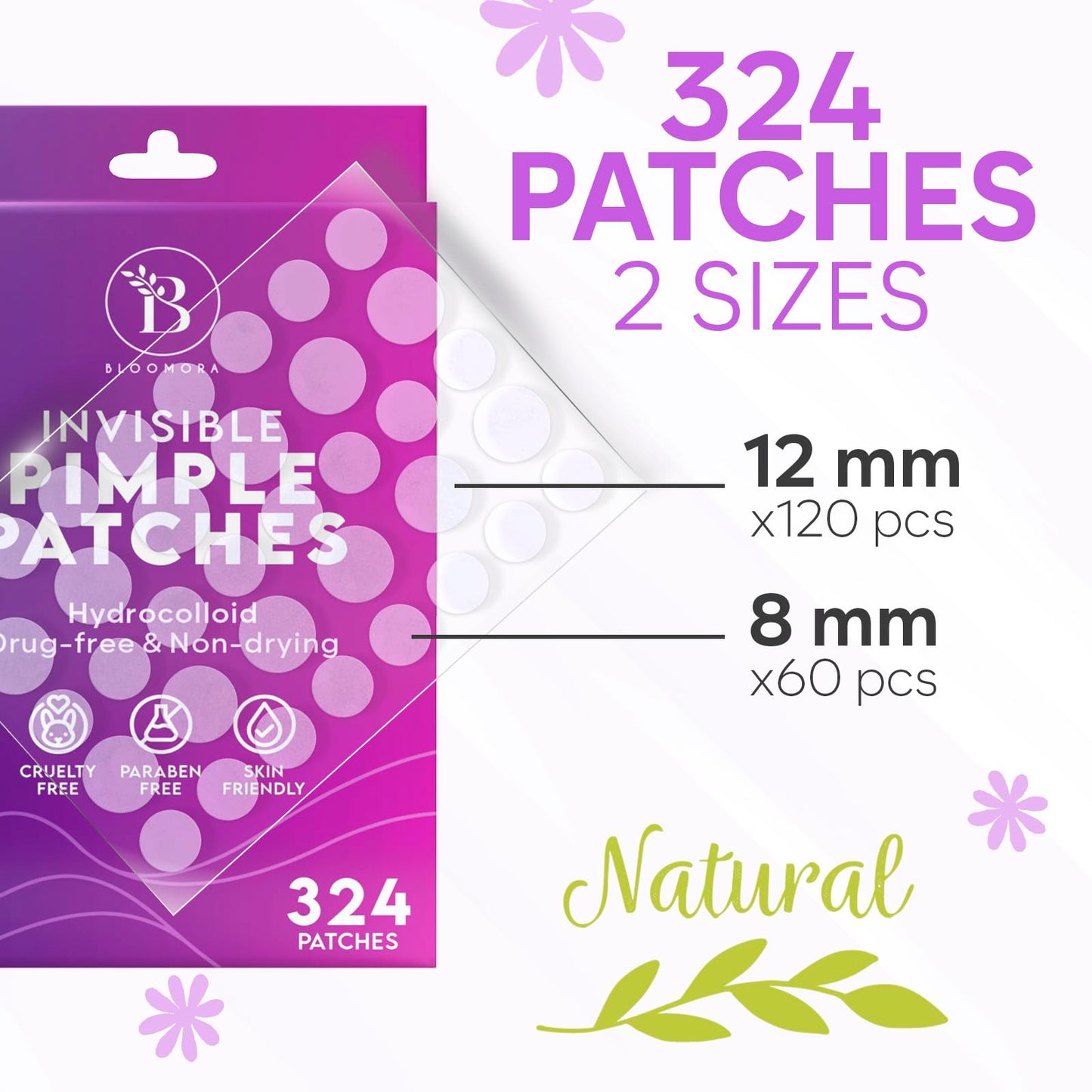 BLOOMORA Invisible Pimple Patches for Face (324 Count), Zit Patches for Spot Cover, Hydrocolloid Covers Pimples, Clear (2 Sizes - S/L)