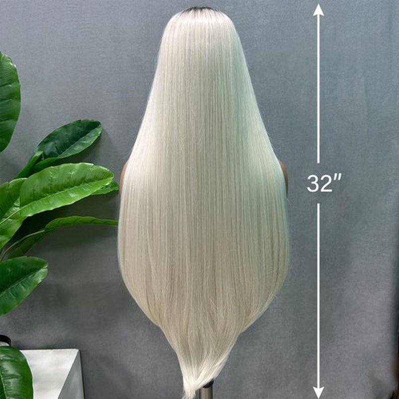 SOKU White Grey Lace Front Wigs with Black Roots 32 Inch Long Straight Ombre Grey Lace Frontal Wigs Pre Plucked Middle Part HD Transparent Lace Silky Straight Synthetic Wigs for Women Girls