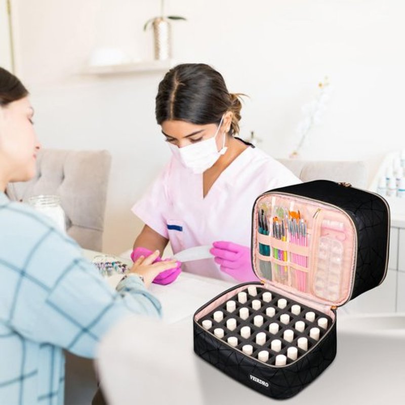 Veirdro Nail Polish Organizer Bag Holds 54 Bottles (15ml/0.5 fl.oz) and Nail Lamp, PU Leather Nail Kit Storage Carrying Case with Support Strap, Large Nail Supplies Shoulder Bag Women (Elegant Black)