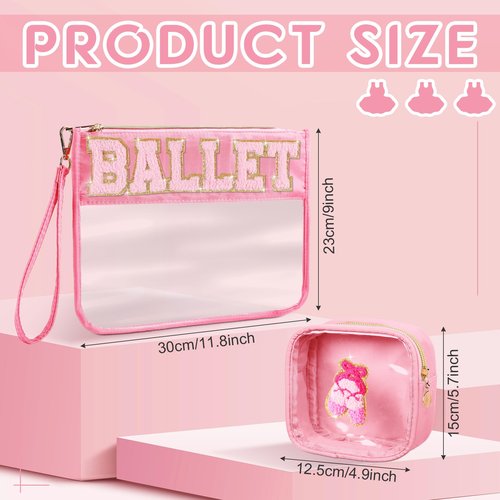 Hillban 2 Pcs Ballet Gifts Chenille Letter Bags Preppy Patch Makeup Bag Flat Clear Pouch PVC Organizer Purse Waterproof Travel Cosmetic Bag Portable Bag for Women (Ballet Theme)