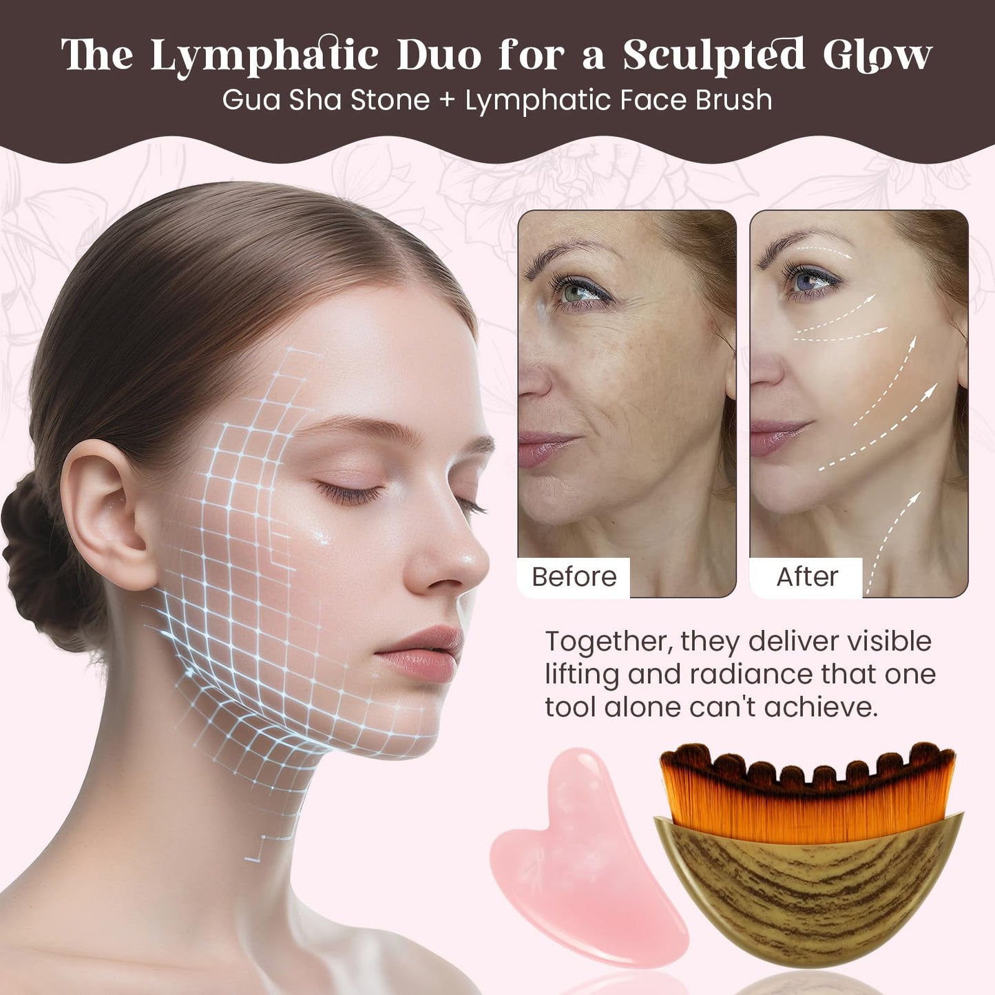 Lymphatic Contour Face Brush and Gua Sha Set, 2-in-1 Manual Facial Brushes for Lymphatic Drainage - Anti-Puffiness, Detox Sculpting Guasha Brush to Improve Skin Glow & Absorption