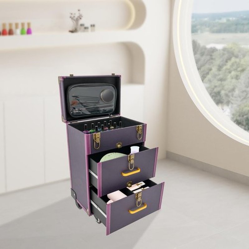 Rolling Makeup Case, Makeup Case Cart, Professional Embroidery Nail Case, Makeup Case with Wheels, Tattoo Travel Case for Nail Technicians, Cosmetologists and Stylists, Black (Purple)