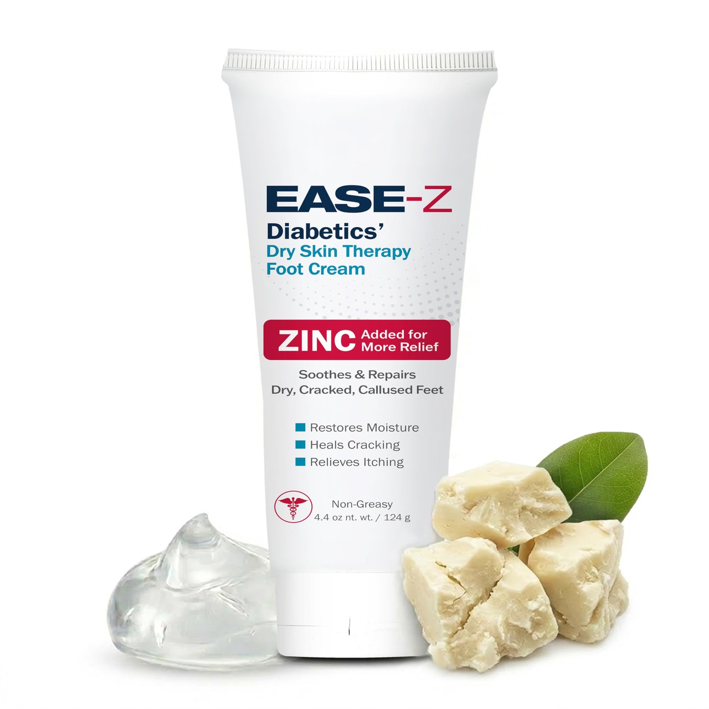 EASE-Z Diabetic Foot Cream. Clinically Proven Ingredients and ZINC Relieve Dry, Cracked, Callused Feet and Hands. Soothes Pain and Burning. Shea Butter moisturizes. Fast-Acting, Long-Lasting. 4.4 oz.
