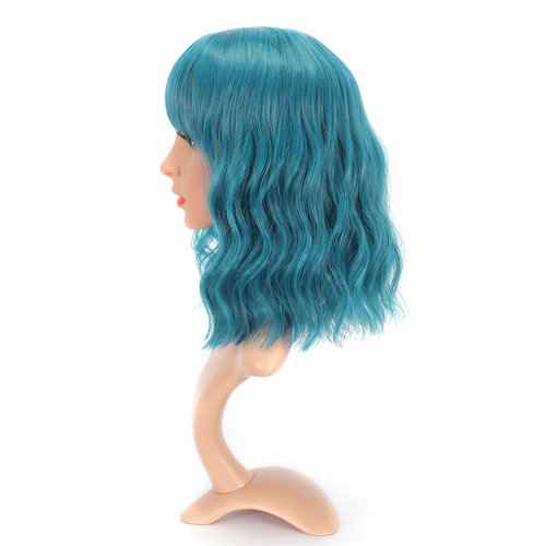 VCKOVCKO Natural Wavy Wig With Air Bangs Short Bob Dark Blue Wigs Women's Shoulder Length Wigs Curly Wavy Synthetic Cosplay Wig Pastel Bob Wig for Girl Colorful Wigs(12",Dark Blue)