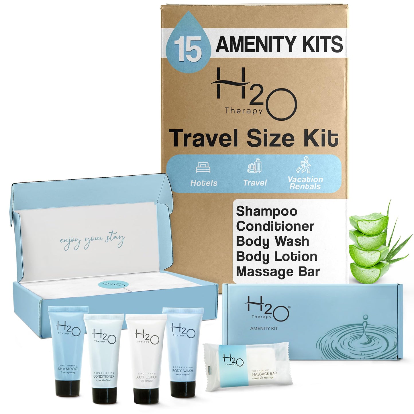 H2O Therapy Amenity Kit | Hotel Bulk Toiletries | 0.85 oz Shampoo, Conditioner, Lotion, Body Wash, Body Bar Soap for Guest Hospitality Vacation Rentals | 15 Sets/Case