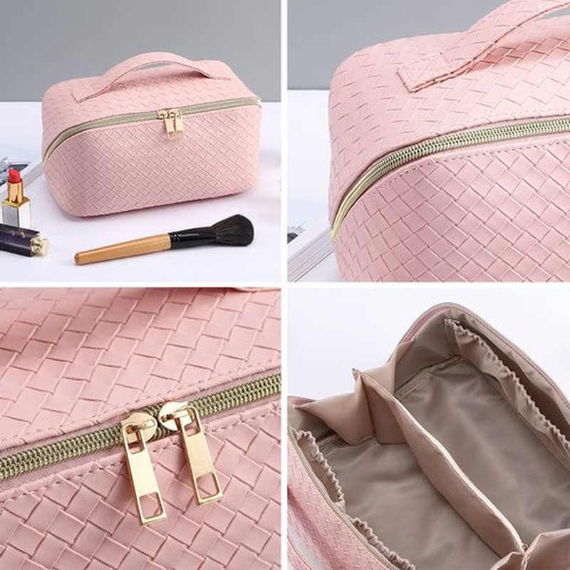 MINGRI Large Capacity Travel Cosmetic Bag for Women,Portable PU Leather Checkered Makeup Bag Water Resistant,Flat Open Multifunctional Storage Toiletry Bag with Divider and Handle (Woven-Pink)