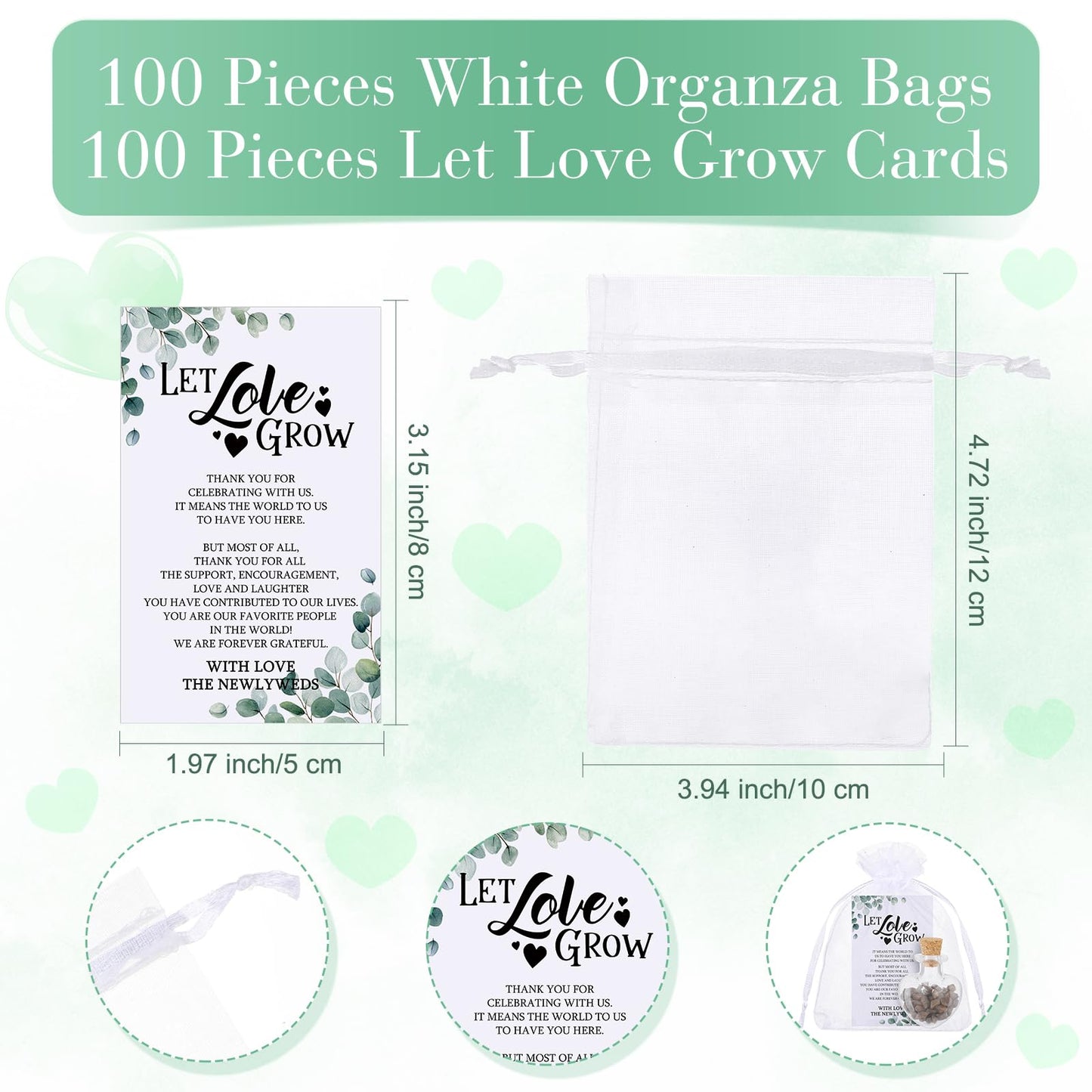 Jinei 300 Pcs Let Love Grow Wedding Favors for Guests includes 100 Small Glass Bottles with Cork Stopper 100 Wedding Thank You Cards and 100 Organza Bags, No Seeds(Heart Shape)