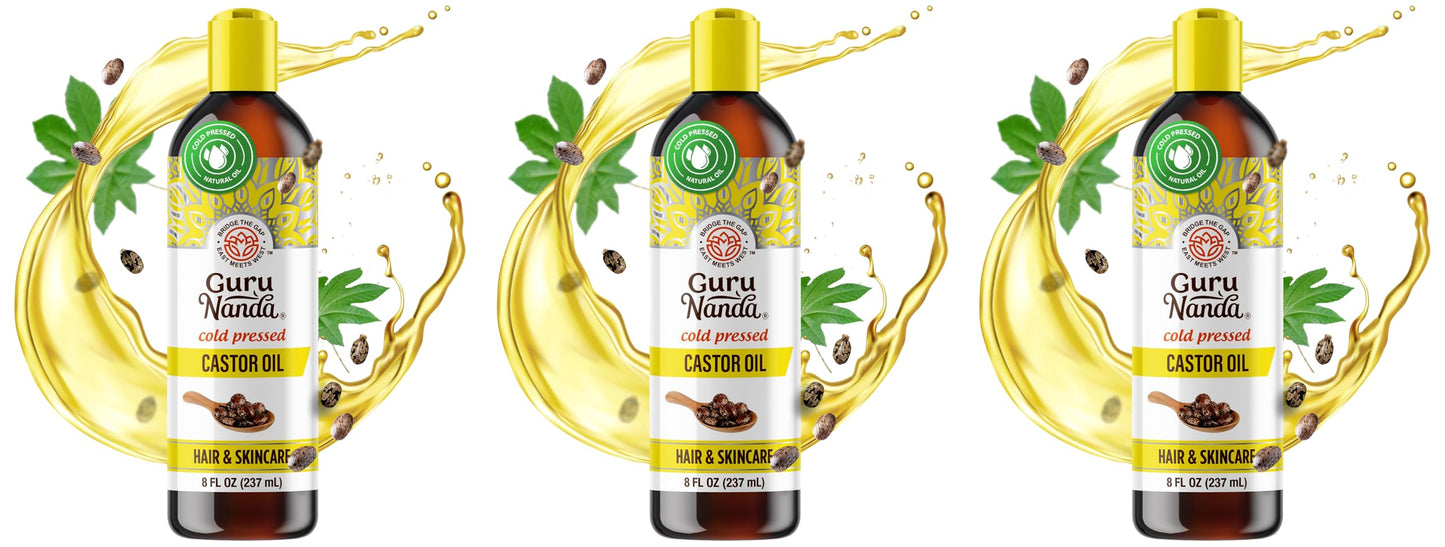 GuruNanda Castor Oil (8 Fl oz), 100% Pure & Natural - Cold Pressed & Hexane-Free, Hydrating Carrier Oil for Skin, Hair, Eyebrows & Eyelashes Growth (Pack of 3)