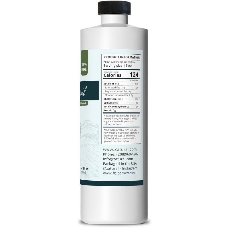 Zatural 100% Pure Cold Pressed Grapeseed Oil – Naturally Grown Virgin, High Smoke Point 450°F+, Non-GMO, Perfect for Cooking Frying Baking, Dressings Marinades & Skincare Hair (16 Fl oz)