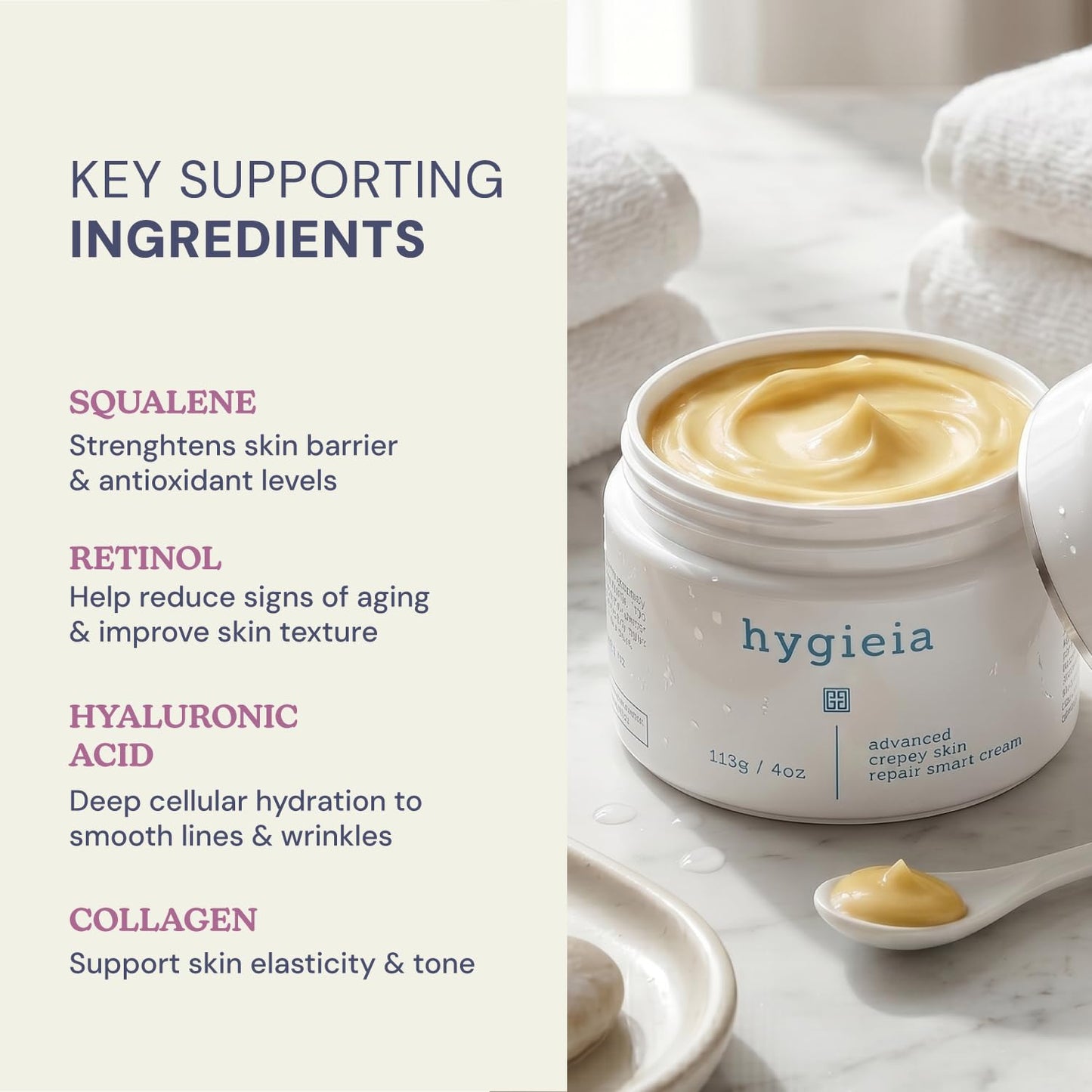 Hygieia + Advanced Crepey Skin Repair Smart Cream – Liposomal Lotion for Arms, Neck & Body – Bio-Active Idebenone, Squalene, Collagen, Retinol & Hyaluronic Acid – Wrinkle & Loose Skin Corrector, 4oz