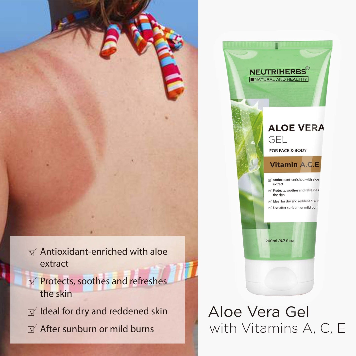 Neutriherbs Aloe Vera Gel Pure Aloe Vera Juice with Vitamin A, C, E for Sunburns Acne Dry Skin and Itch Soothing and Moisturing 6.7 Fl Oz
