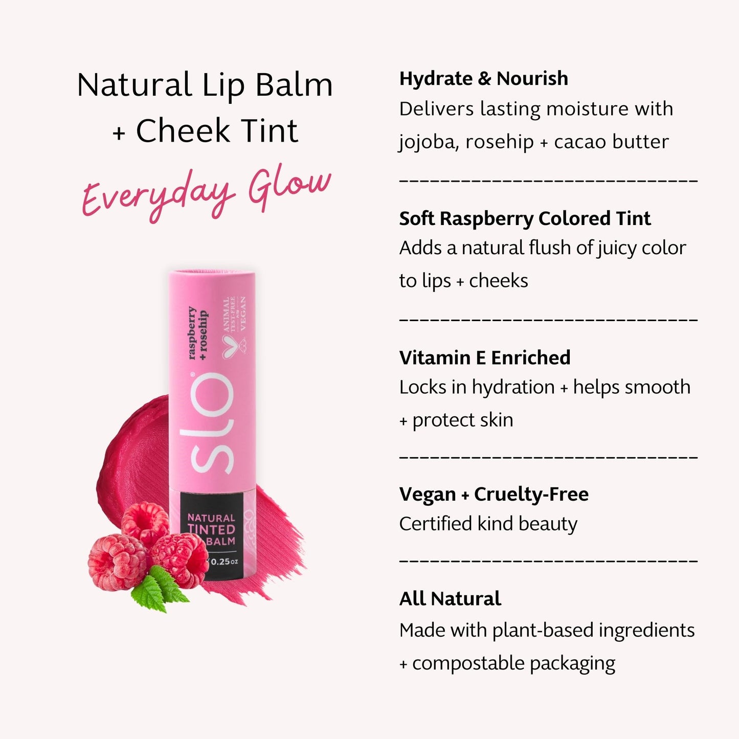 Slo Hydrating Lip Balm - Multi-Use, All Natural Lip Balm and Cheek Tint with Organic Jojoba, Rosehip, Cocoa Butter - Vegan, Cruelty-Free, Paper Packaging - Raspberry + Rosehip (0.28oz/8g)