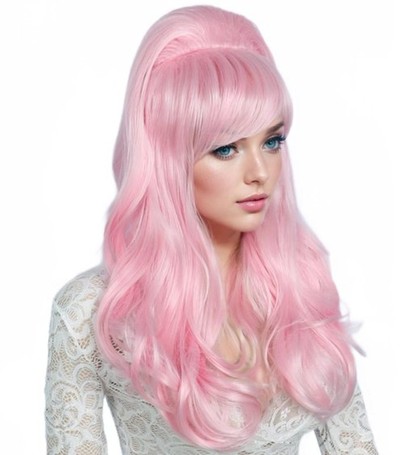 Linfairy Long Wavy Pink Wig Big Bouffant Beehive Wigs for Women fits 50s 80s Costume