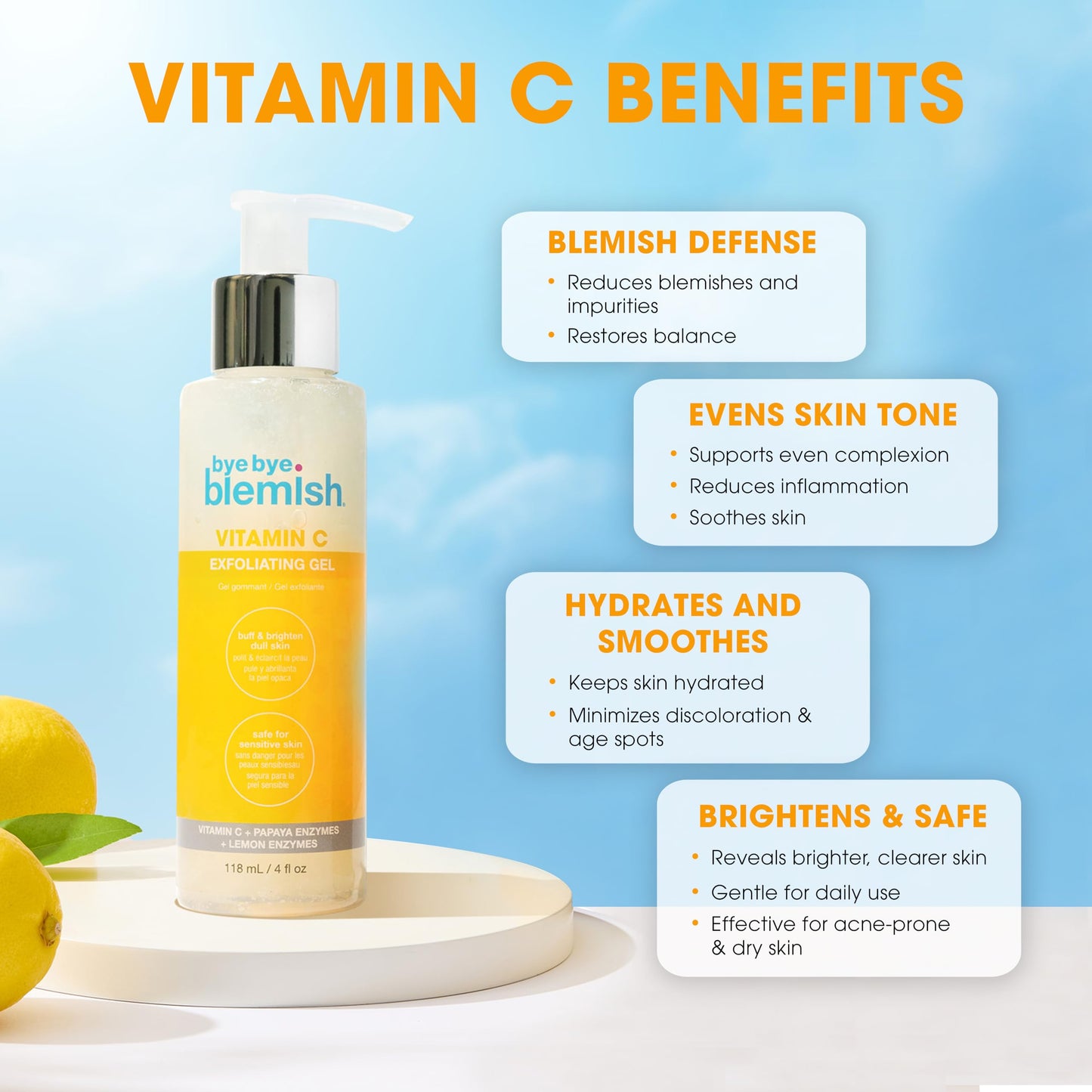 Bye Bye Blemish Vitamin C Exfoliating Gel – Gentle Scrub Gel Exfoliator for Face with Papaya & Lemon Enzymes, Brightening Dead Skin Remover, 4 oz