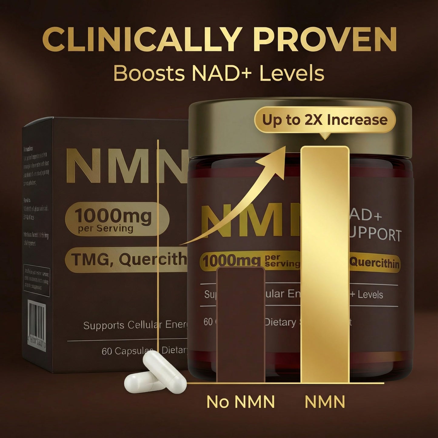 NMN Supplement 1000mg, 4-in-1 Liposomal NMN 1000mg Pure Organic for NAD+ Supplement with Quercetin, TMG, NMNH Alternative, Supports Cellular Energy & NAD+ Levels, Third-Party Tested, 60 Capsules