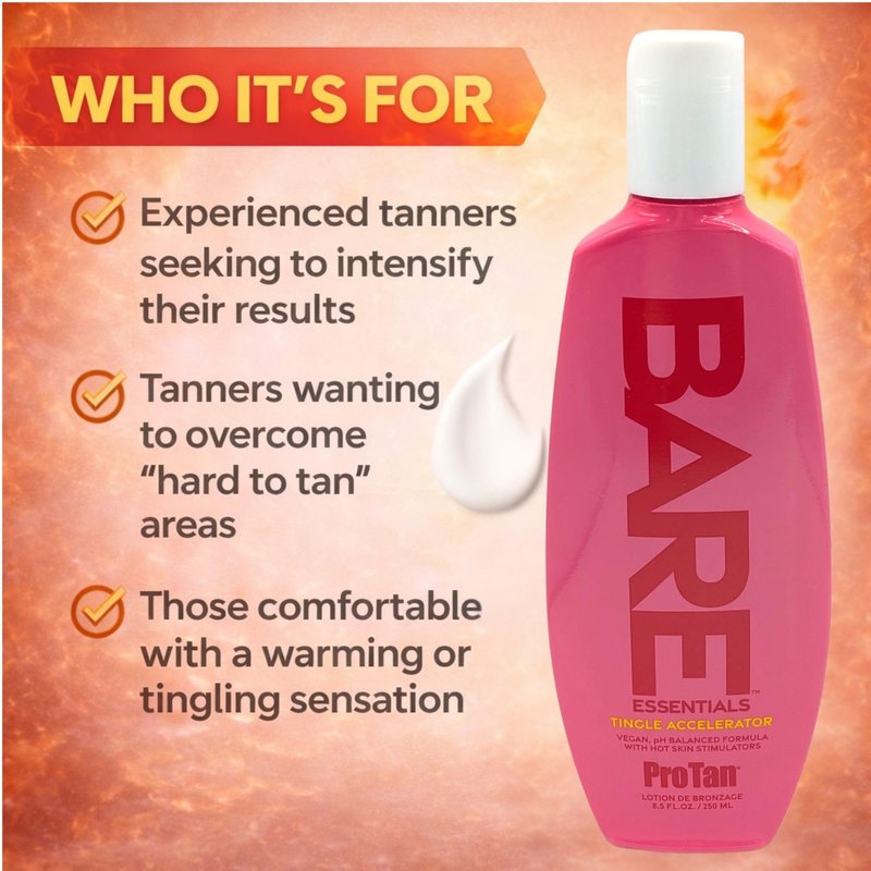 Pro Tan BARE Essentials Tingle Accelerator Tanning Lotion 8.5 fl oz – Vegan DHA, Bakuchiol, Aloe, Coconut Oil, Jojoba & Vitamins B C E – Indoor Outdoor Tan Enhancer, Paraben Free