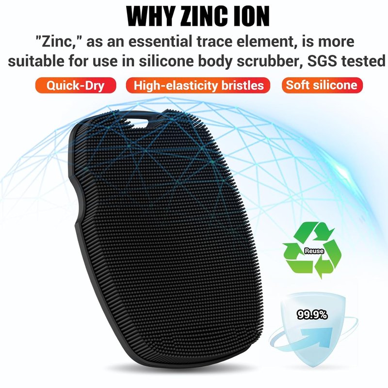 Silicone Body Scrubber - Zinc Infused Exfoliating Shower Brush for Cellulite Reduction | Black