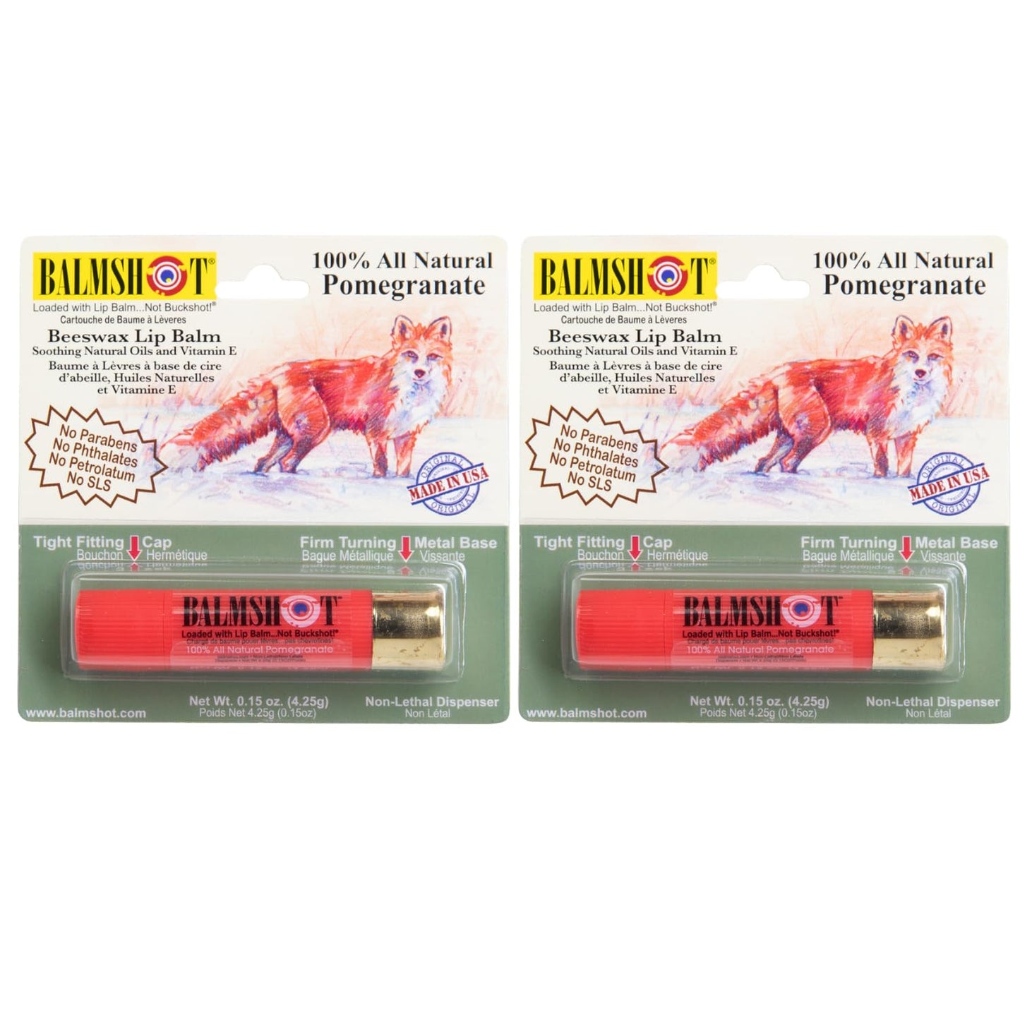 BALMSHOT Pomegranate Lip Balm SPF 15 (2-Pack) – Natural Beeswax Chapstick, Moisturizing Lip Protector for Very Dry Lips, 20-Gauge Brass Shotgun Shell Case, Outdoor Heat Tolerant, Made in USA