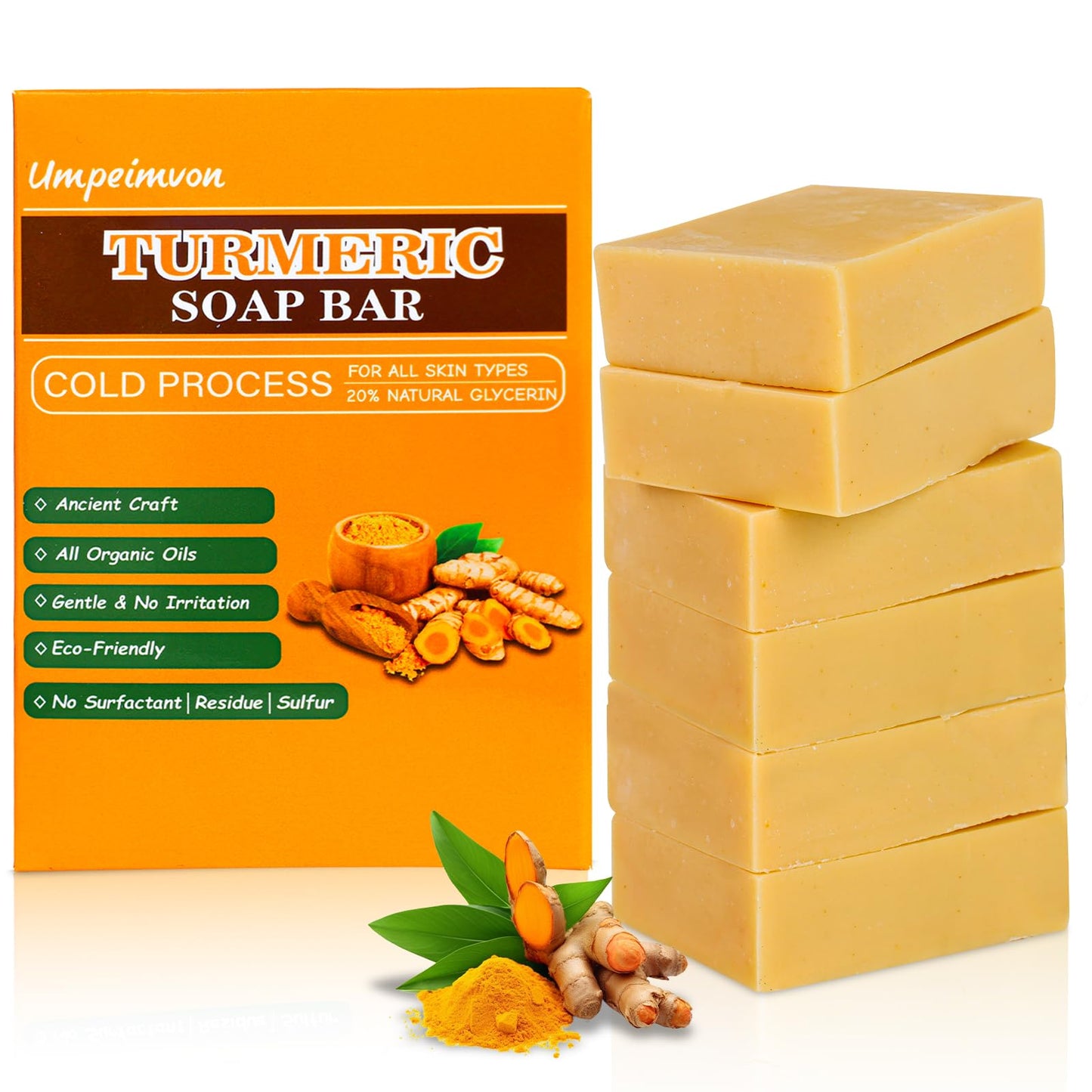 Umpeimvon 6 PCS Turmeric Soap Bar, Handmade Tumeric Soap for Face and Body, Deep Cleansing and Soothing, with Rich Turmeric, Olive Oil, Chamoile Oil and Vitamin C
