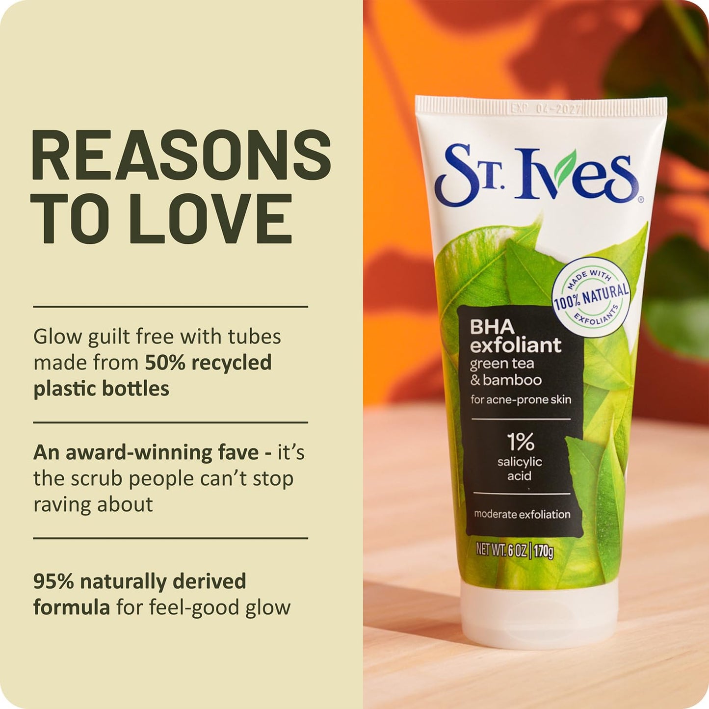 St. Ives Facial Scrub, BHA Green Tea & Bamboo with 1% Salicylic Acid for Acne-Prone Skin, 6 Oz