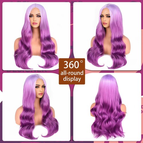 TOZIKA Long Wavy Purple Wigs for Women Synthetic Ombre Purple Curly Wavy Wig 26 Inch Middle Part Heat Resistant Wig for Daily Party Use (Ombre Purple)