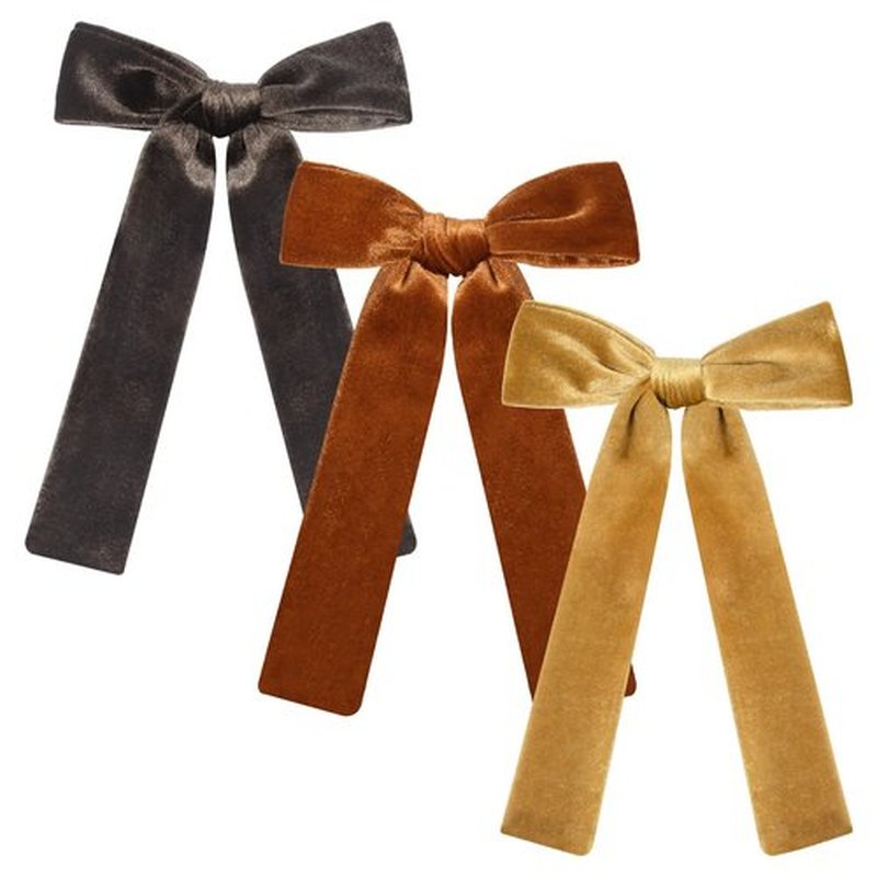 CEELGON 3 PCS Long Tail Velvet Hair Bows Hair Bow Set for Toddler Girls Long Ponytail Knot Bows Alligator Clip Hair Accessories for Girls and Women (Gold, Orange Brown, Dark Brown)