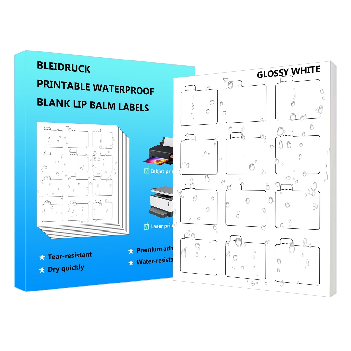 Glossy White Printable Lip Balm Labels for Tubes, 2-3/16" x 2-1/8" Blank Waterproof Stickers for Lip Stain Bottles, 20 Sheets 240 Total Permanent Adhesive Labels for Laser or Inkjet Printers