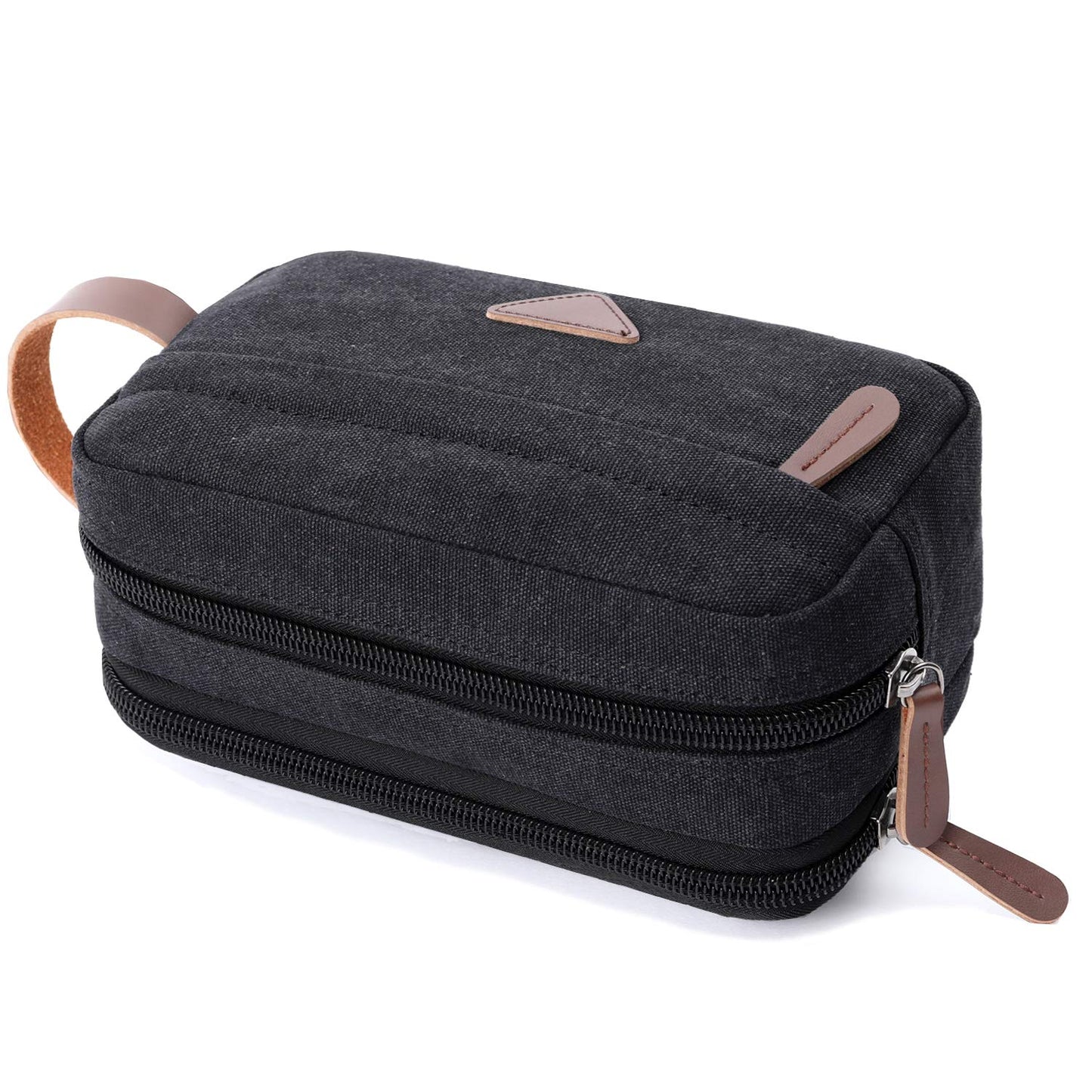 Mactso Men's Toiletry Bag, Vintage Canvas Leather Travel Dopp Kit with 2 Compartments, Heavy Duty Zipper, 9.5x5.5x4 Inch Retro Shaving Makeup Organizer for Business Travel Gym Camping (Black)