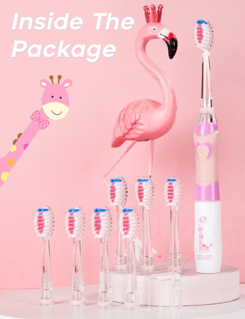 Seago Kids Electric Toothbrush with 2 Mins Brushing Timer and 8 Replacement Bursh Heads,Rainbow LED Light Make Brushing Fun, Pink Color Girls Battery Powerd Toothbrush for 4-12 Years Old