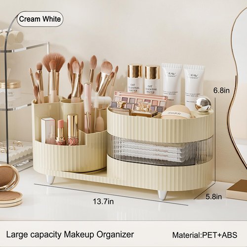 Rotating Makeup Organizer for Vanity with Brush Holder and Drawer, 3 Layer Cosmetic Makeup Storage, Large Makeup Skincare Organizer, Countertop Makeup Perfume Organizer, Lotions Display Case (Ivory)