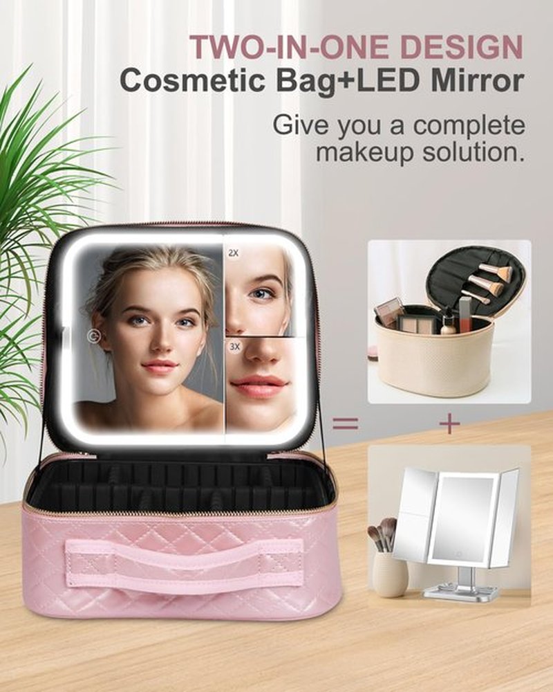 MAYFIY Makeup Bag with LED Mirror and Travel Makeup Train Case Cosmetic Organiser with 2X3X Magnifying Mirror and Separate Makeup Brush Panel, Portable Adjustable Divider Storage Bag, Pink