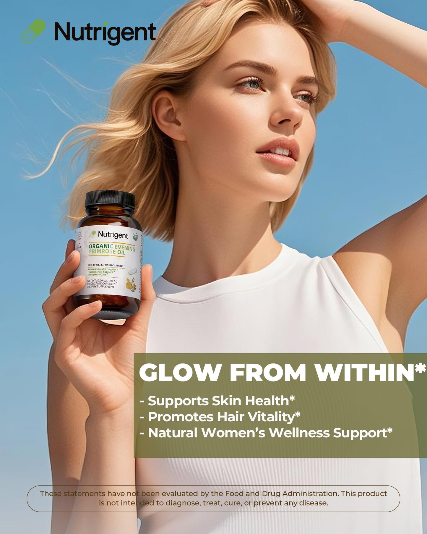 Nutrigent Organic Evening Primrose Oil Supplement, 940 mg 100% Pure with 10% GLA, High Absorption Liquid Organic Capsules, Promotes Women's Health & Skin Health, Cold Pressed, 60 Count
