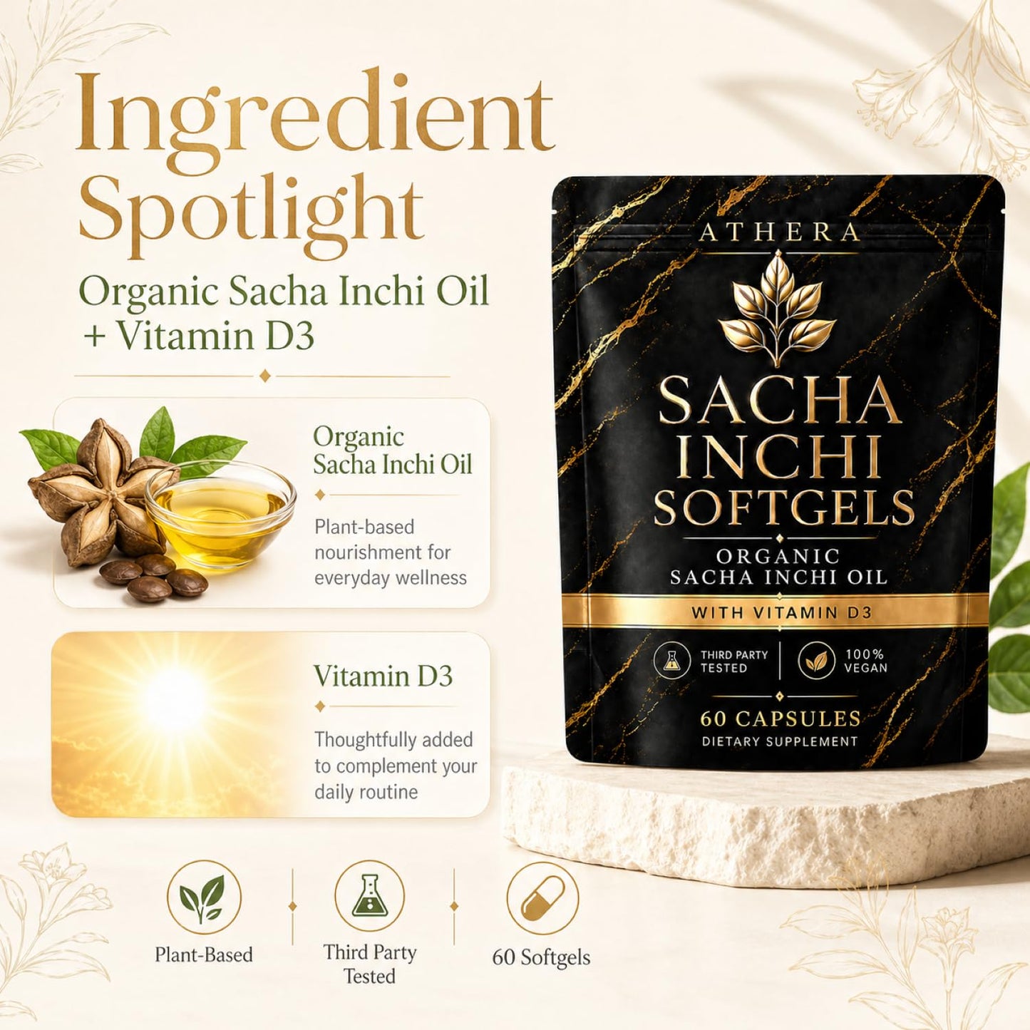 OIMTUE Athera Sacha Inchi Oil Capsules, Organic Sacha Inchi Oil & Vitamin D3, 60 Softgels (1 pc)