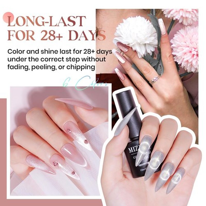 MIZHSE Cat Eye Gel Polish Set, 3 in 1 Rubber Base Gel For Nails, 6 Colors 10ml Holographic Glitter Cat Eye Gel with 2 Magnets, No Need Base Coat Fast Cure Soak Off LED Nail Gel