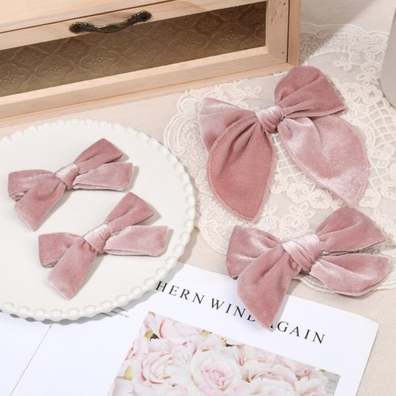 DEEKA 4 PCS Pink Velvet Hair Bows 3 Styles 5" & 4" Handmade Hair Bow set for Toddler Girls Alligator Hair Clips Knot Bows Hair Accessories for Little School Girls (Pink)