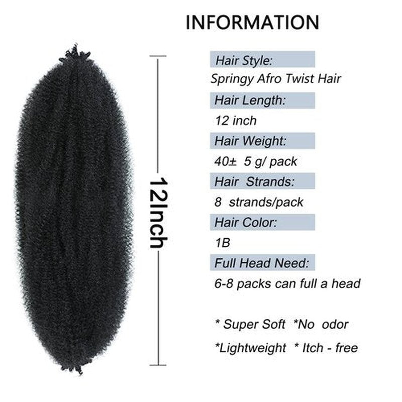 12 Inch Springy Afro Twist Hair 2 Packs Marley Twist Braiding Hair Pre-fluffed Spring Twist Hair Kinky Hair Afro Twist Hair Marley Hair for Faux Locs (12 Inch (Pack of 2), 1B# Marley Twist)