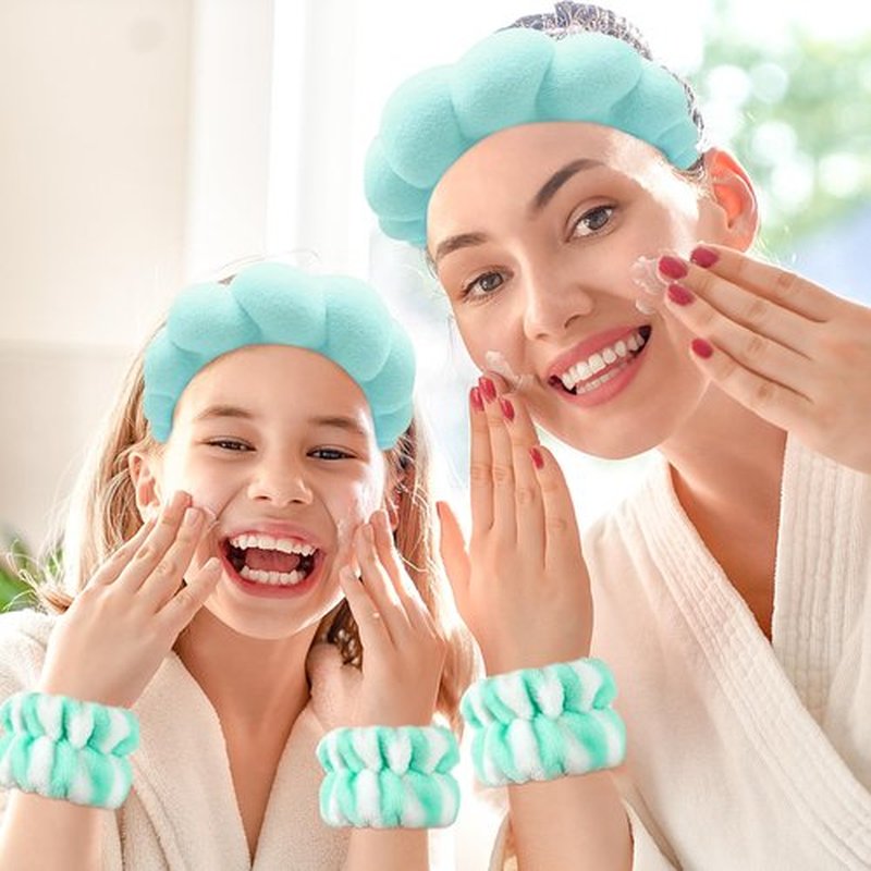 Zkptops Spa Headbands for Washing Face or Facial Sponge Makeup Skin Care Headband Wristband Set Towel Bubble Soft Hairband for Women Girls Puffy Winter Non Slip Thick Thin Hair Accessory(Turquoise-3)