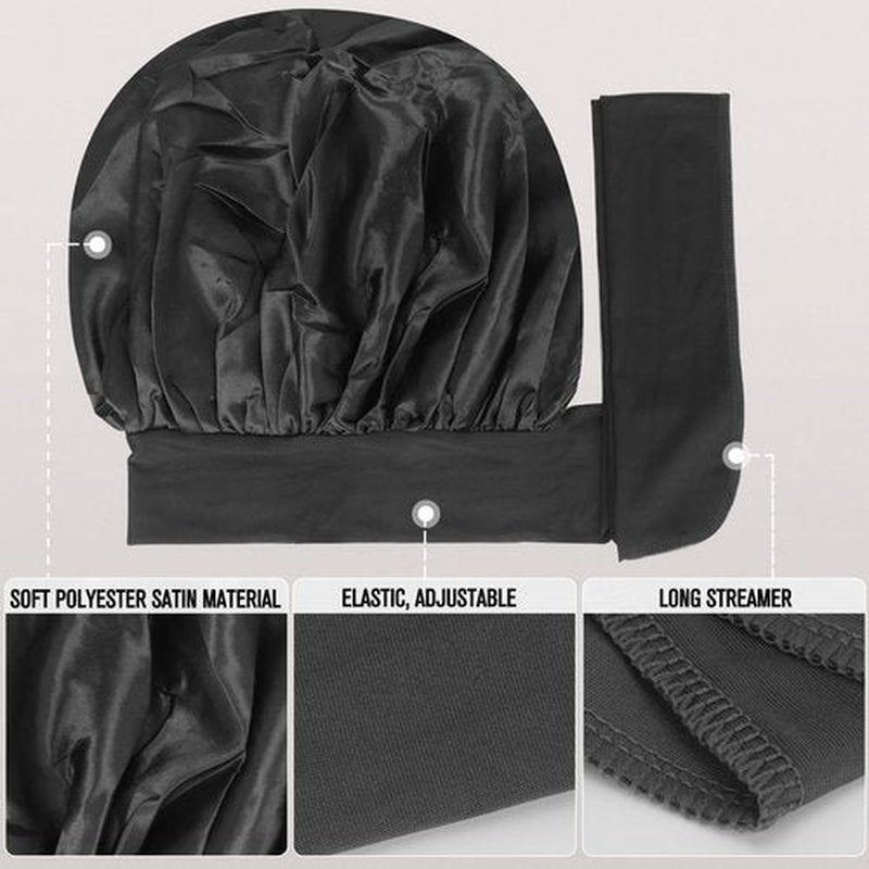 Arqumi 2 Pcs Satin Sleeping Bonnet, Large Satin Sleep Bonnet with Long Strap Tie Band, Adjustable Sleep Night Cap Hair Bonnet for Women & Men, Black+Black