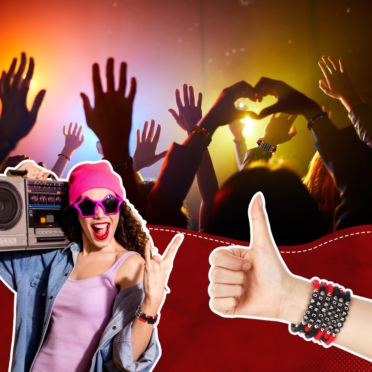 Landical 30 Pcs Dance Bracelets Bulk for Women Merchandise for Fans, Friendship Heishi Bracelets for Concert Outfits Party Favors, Gifts for Fan, Valentine Gifts Party Favors(Black Red)