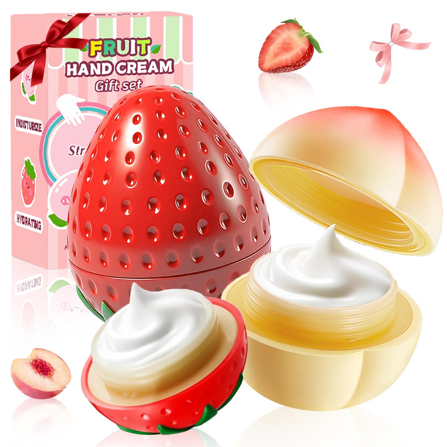 2 Pack Hand Cream for Dry Cracked Hands, Birthday Gifts for Women, Bridesmaid Gifts, Thank You Gifts, Teacher Gifts, Nurse Gifts, Lightweight & Hydrating Hand Lotion Moisturizer (Strawberry & Peach)