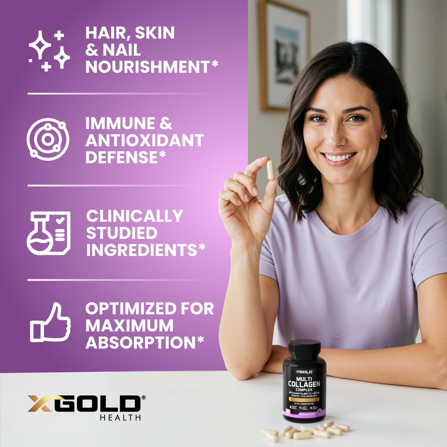 X Gold Health Multi Collagen Types I, II, III & V with Biotin 10,000 mcg, Keratin, Hyaluronic Acid, Saw Palmetto, Hair Skin & Nails Formula, 90 Capsules