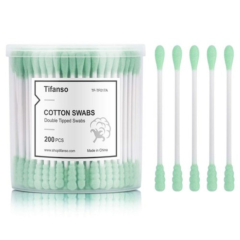 Cotton Swabs, tifanso 200 Count Natural Double Tipped Cotton Bubs, Cruelty-Free Cotton Swabs, Chlorine-Free Hypoallergenic (Green)