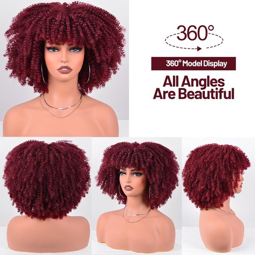 Vitorish Short Kinky Curly Wigs for Black Women 12 Inches about 280g/Piece Curly Afro Wig with Bangs Full Machine Made Wig Bouncy Fluffy Synthetic Cosplay Wig (Burgundy)