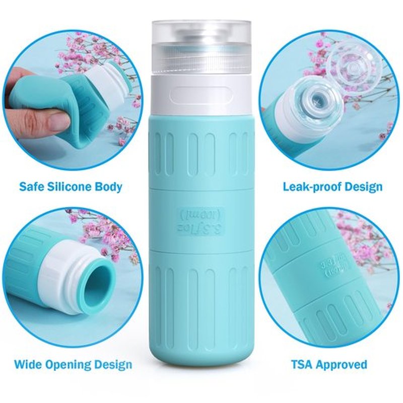 GLAMFIELDS Travel Bottles for Toiletries,TSA Approved 3.3oz Size LeakProof Silicone Toiletry Containers for Shampoo, Conditioner,Easy to Squeeze，Portable Travel Essentials for Lotion(18 Pack) Blue